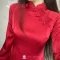 Quần Áo Dài Nữ Lụa Dubai Cao Cấp, Dáng Truyền Thống, Tôn Dáng Thanh Lịch, Đủ Size, Màu Đỏ, mặc chụp hình, cười hỏi - An Hòa 14 Áo dài Vân Sa