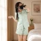 Set mặc nhà nữ lụa Satin cao cấp dáng ngắn nhún bèo, cổ bèo vuông, mềm mát mùa hè, màu xanh mint - An Hòa 17 Set Mặc Nhà | Set đồ mặc nhà dáng ngắn cao cấp