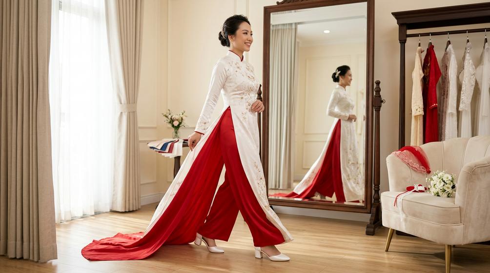 Áo dài cưới tôn dáng: chọn màu, chất liệu và form chuẩn 11 Áo dài cưới tôn dáng: chọn màu, chất liệu và form chuẩn