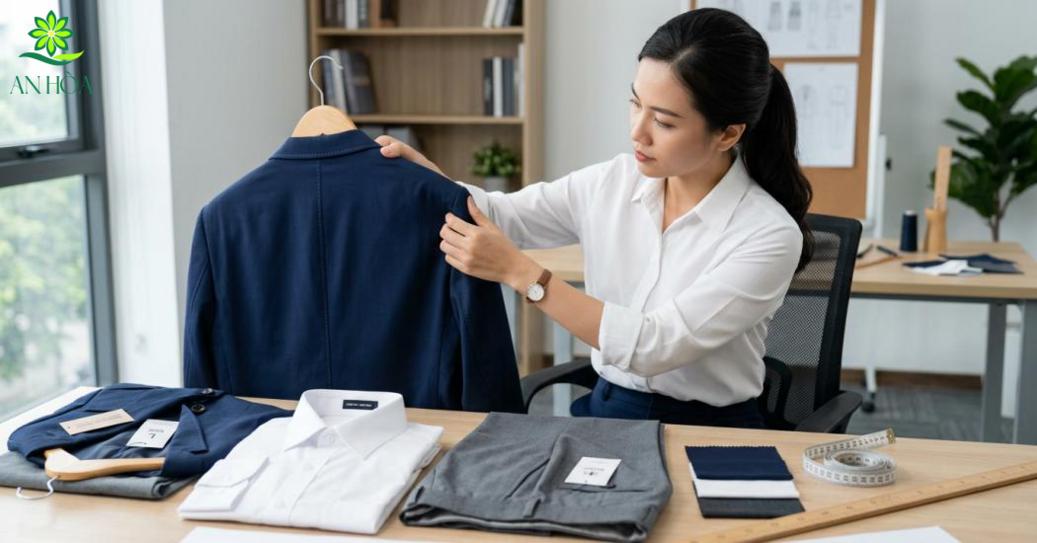 Đồng phục công sở cần ưu tiên chất liệu thoải mái, đứng form và đồng bộ size hơn là chỉ nhìn ảnh thiết kế.