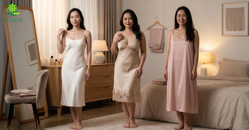 Chọn kiểu váy ngủ lụa theo dáng người và phong cách mặc Chọn kiểu váy ngủ lụa theo dáng người và phong cách mặc