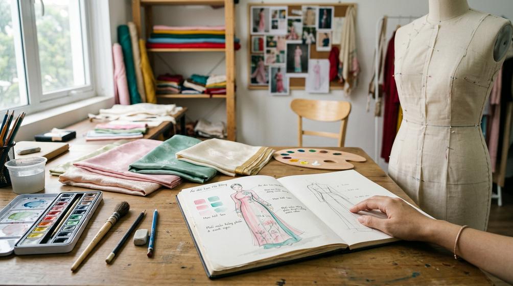 Vẽ áo dài cơ bản: phác họa cân đối, chọn tay áo và phối màu