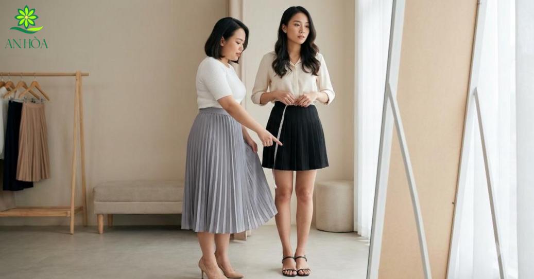 Độ dài và vị trí cạp váy giúp tôn dáng, kéo dài chân và cân đối cơ thể. Độ dài và vị trí cạp váy giúp tôn dáng, kéo dài chân và cân đối cơ thể.