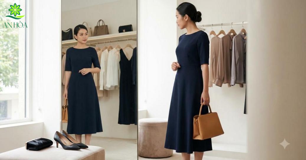 Chọn đầm chữ A theo hoàn cảnh: cổ kín, tay lửng cho công sở; dáng dài cho dịp trang trọng. Chọn đầm chữ A theo hoàn cảnh: cổ kín, tay lửng cho công sở; dáng dài cho dịp trang trọng.