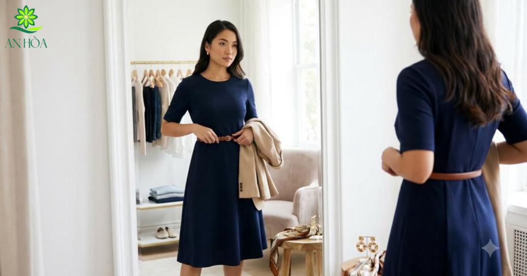 Ưu tiên váy liền đứng phom, co giãn nhẹ, màu trung tính để dễ mặc, phối đồ và che khuyết điểm. Ưu tiên váy liền đứng phom, co giãn nhẹ, màu trung tính để dễ mặc, phối đồ và che khuyết điểm.