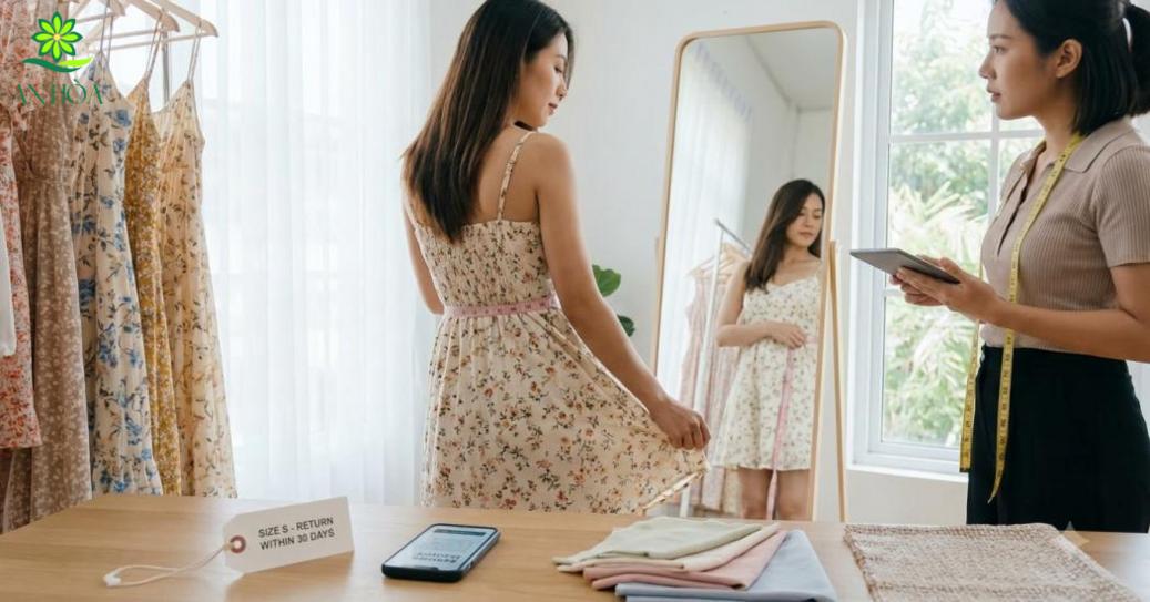 Đo ngực, eo, hông rồi đối chiếu bảng kích thước; hỏi tư vấn nếu nằm giữa hai cỡ. Đo ngực, eo, hông rồi đối chiếu bảng kích thước; hỏi tư vấn nếu nằm giữa hai cỡ.