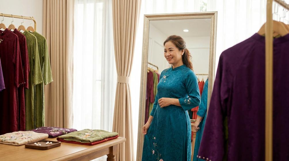 Áo dài trung niên: Cách chọn dáng, màu tôn vẻ thanh lịch 11 Áo dài trung niên: Cách chọn dáng, màu tôn vẻ thanh lịch